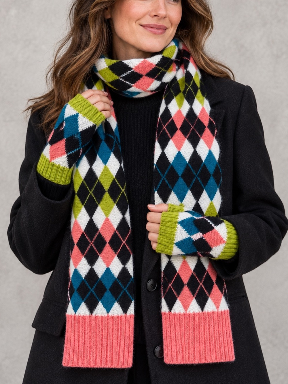 M&S Colourful Argyle Scarf & Fingerless Gloves Set